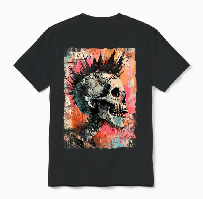 Vintage Graffiti Biker Rocker Skull Punk Horror Skull T-Shirt, Black Unisex T-Shirt in Black