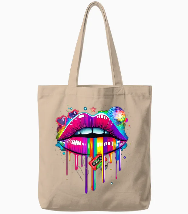 Colourful Lips Kissing Mouth Retro 80s Party Look Costume T-Shirt, Black, S Tote Bags in Natural