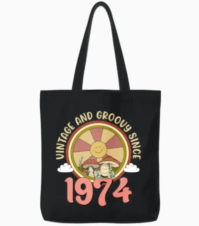 Vintage 1974 Tshirt Retro Hippie Groovy 49th Bday Tote Bags - Black