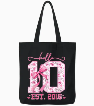 Hello Ten Est 2016 Pink Coquette Bow 10th Birthday Girls Tote Bags - Black
