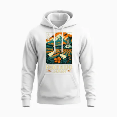 Hokkaido Japan Vintage Travel Mountain Cranes Art Unisex Hoodie - White