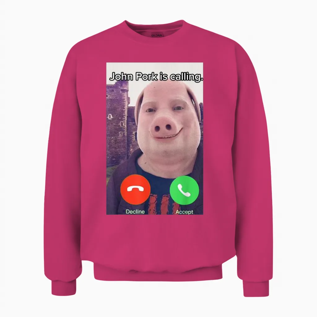 John Pork Is Calling Funny Answer Calls Phone T-Shirt, Black Unisex Sweatshirt in Heliconia