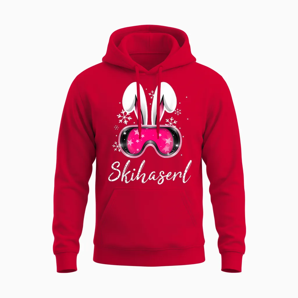 Skihaserl Aprés Ski Rabbit X Funny Ski Bunny Drawing T-Shirt, Black Unisex Hoodie in Red