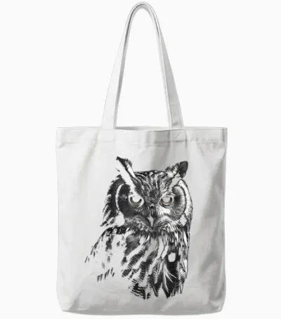 Owl Artwork - Bird Art Animal Owl T-Shirt, Black Tote Bags - White