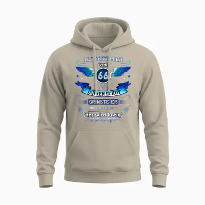 66th Birthday T-Shirt with German Text "als Gott Mich Vor 66 Jahre Schuf Grinste Er 66th, Black Unisex Hoodie - Sand