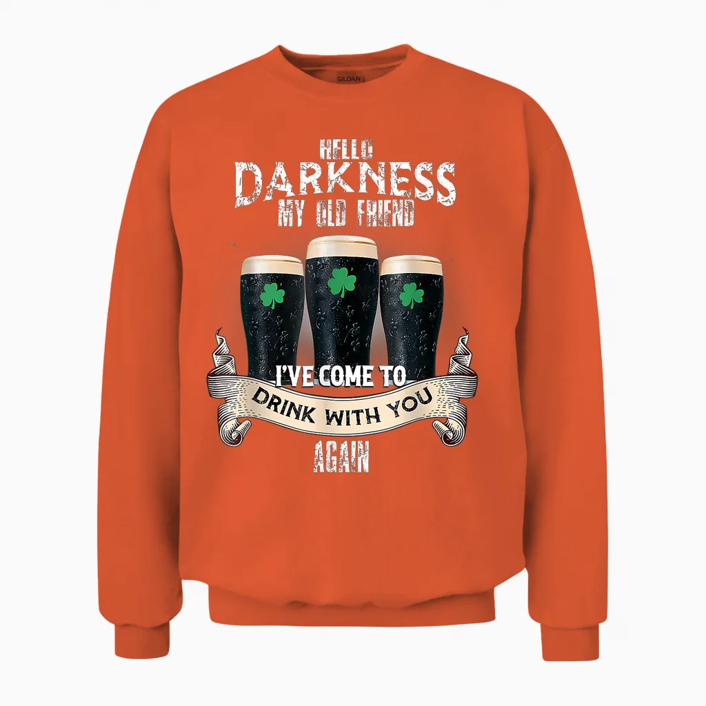 Hello Darkness My Old Friend Happy St Patrick's Day Shamrock Unisex Sweatshirt in Orange