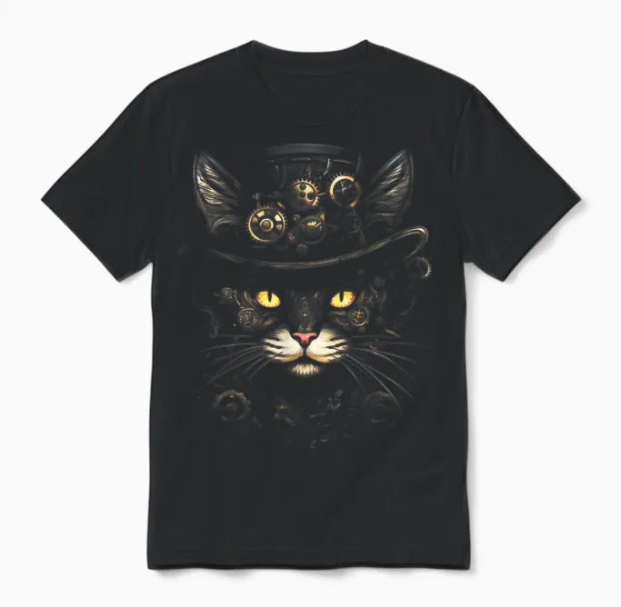Steampunk Cat T-Shirt, Black Unisex T-Shirt in Black