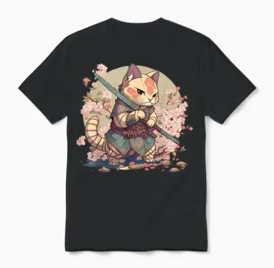 Japanese Samurai Warriors & Funny Kawaii Animes Samurai Cat Warrior Japanische Ninja-Katze Kawaii T-Shirt Schwarz Unisex Erwachsene Und Kinder Kurzarm T-Shirt Klein Unisex T-Shirt - Black