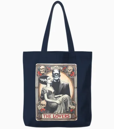Retro Halloween Frankenstein Tarot Card T-Shirt - Unisex Adults - Black - Small - Short Sleeve - Regular Fit - Cotton 100%, Polyester Blend - Halloween, Retro, Couples, Tarot Card Fans, Unisex Tote Bags - Navy