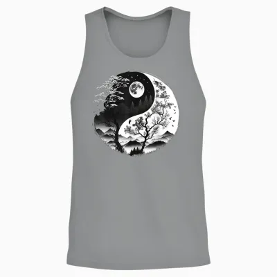 Black and White Yin Yang Symbol on Nature Taijitu Yin Yang T-Shirt, Black Unisex Tank Top - Sport Grey