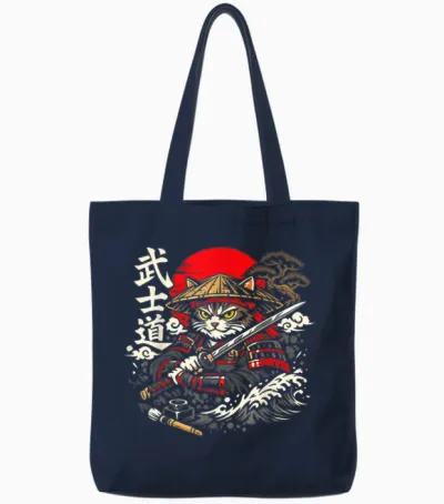 Chat Samouraï Avec Katana Sous Le Soleil Style Bushido Tote Bags - Navy
