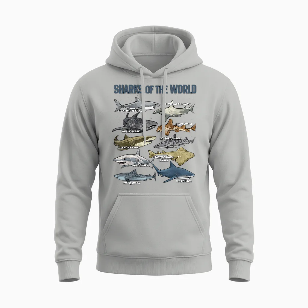 Sharks Animals of the World Marine Biology Fish Shark Lovers Unisex Hoodie in Ash