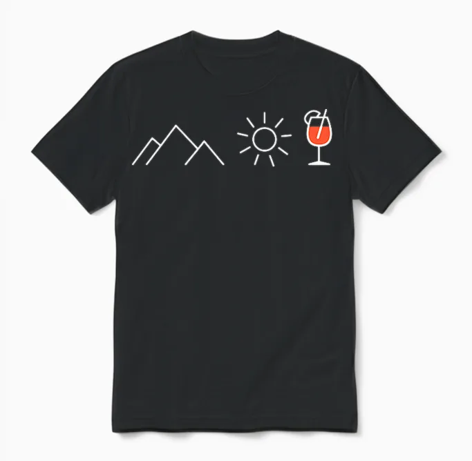 Mountain Sun Spritz X Mountaineering Hiker Aperolic Fun T-Shirt, Black Unisex T-Shirt in Black