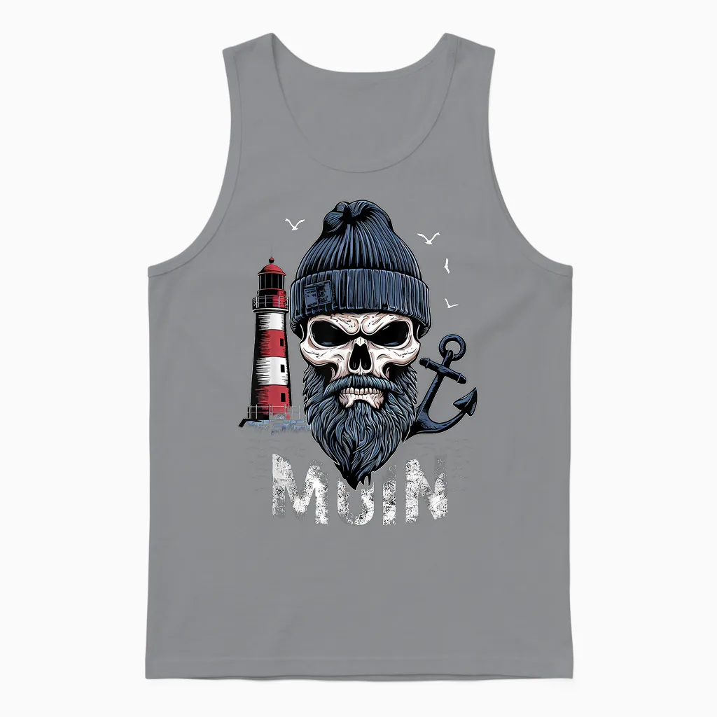 Moin Skull Lighthouse Moin North German Coastal Motif T-Shirt, Black, S Unisex Tank Top in Sport Grey