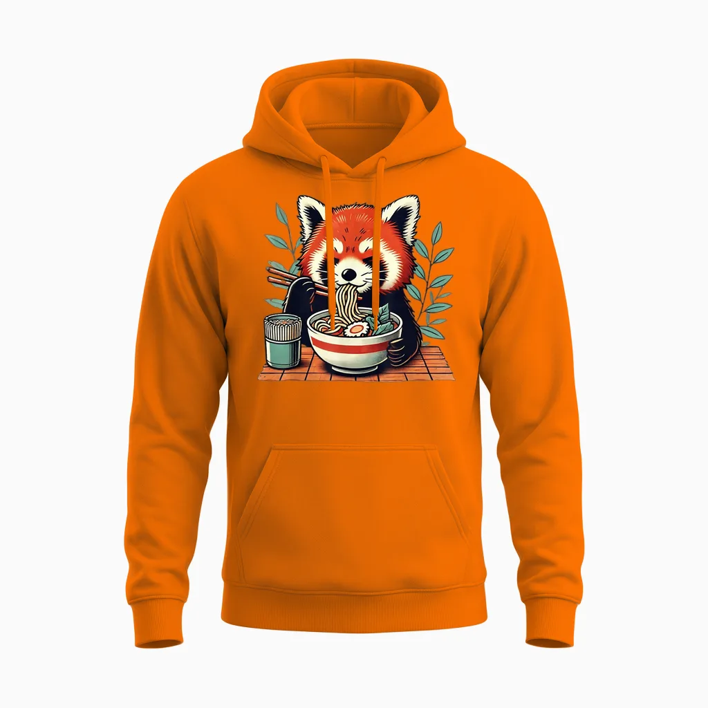 Red Panda Humor Red Panda Eating Noodles Ramen T-Shirt, Black, S Unisex Hoodie in Safety Orange