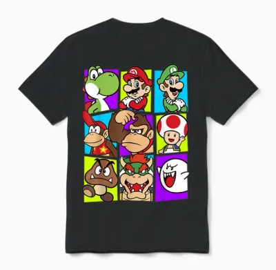 Super Mario Yoshi Luigi Bowser & Gang Box-Up Graphic Unisex T-Shirt - Black