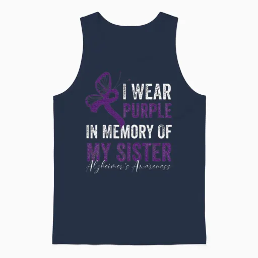 I Wear Purple in Memory of My Sister Alzheimer's Unisex Tank Top in Navy
