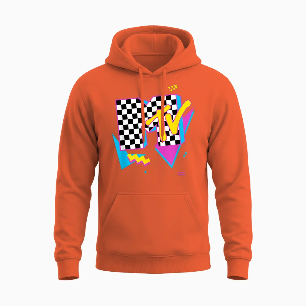 Mtv Retro Checkered Neon Shapes Music Television Unisex Hoodie in Orange