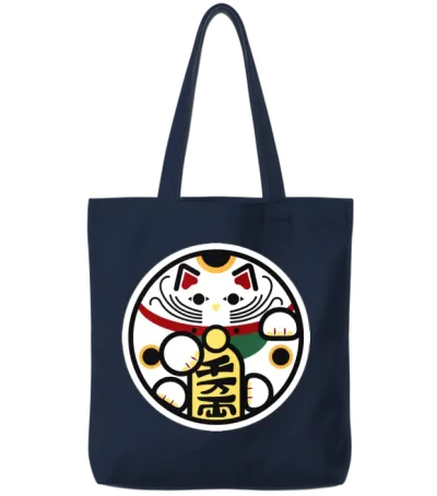 Round Lucky Cat Tote Bags - Navy