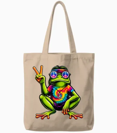 Tie-Dye Hippie Frog, Peace Sign, 60s Party & 70s Costume Tote Bags - Natural