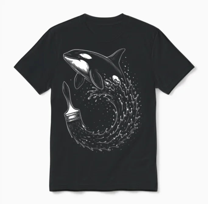 Whale Wave Inkbrush Unisex T-Shirt in Black
