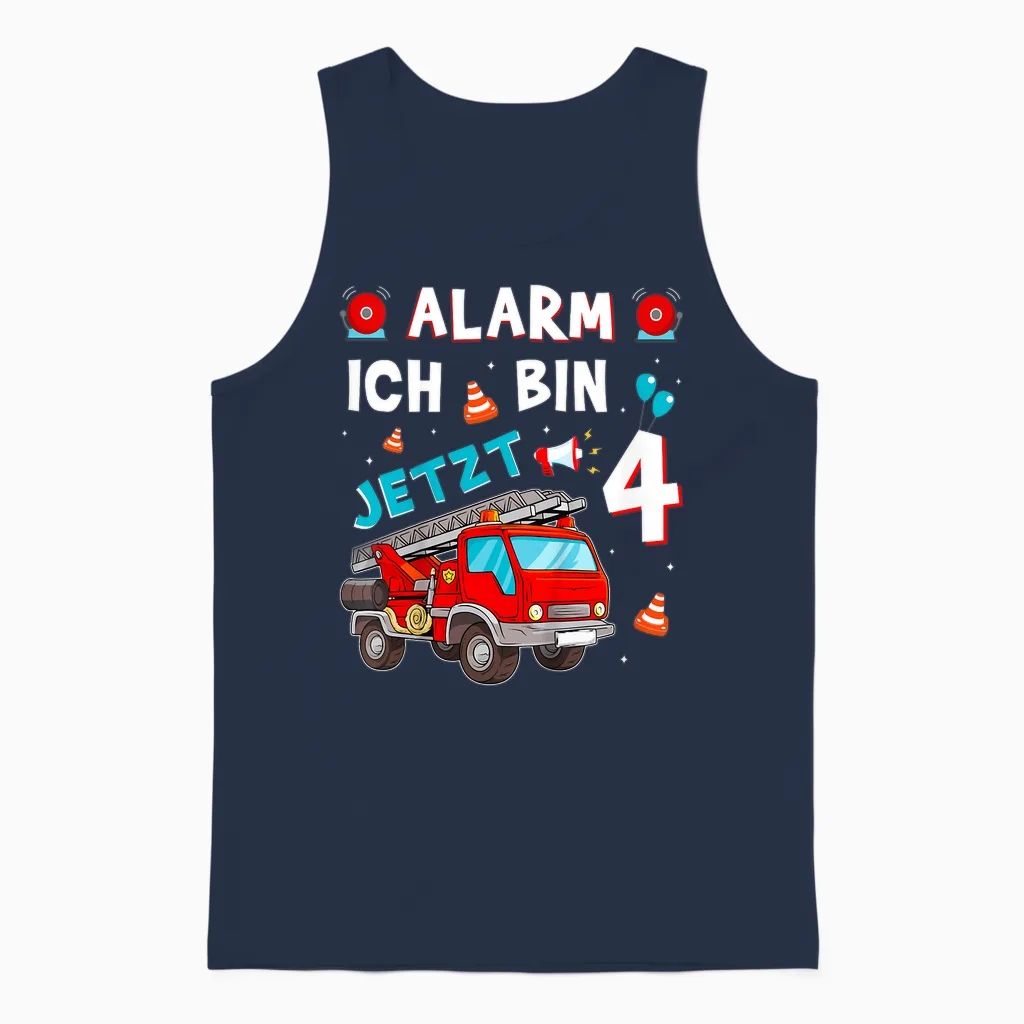Children's 4th Birthday Boy Girl Fire Brigade Gifts Fire Engine T-Shirt, Black Unisex Tank Top in Navy