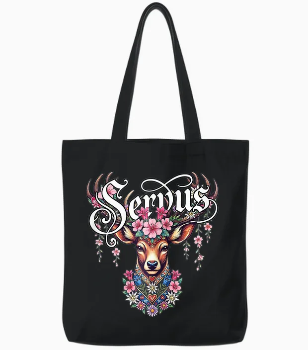 Trachtenshirt Damen Trachten T-Shirt Bayrisch Dirndl Servus Tote Bags in Black