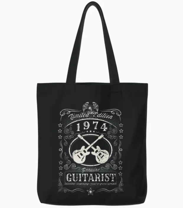 Vintage 1974 Guitarist Birthday Gift Guitar Player Tote Bags in Black