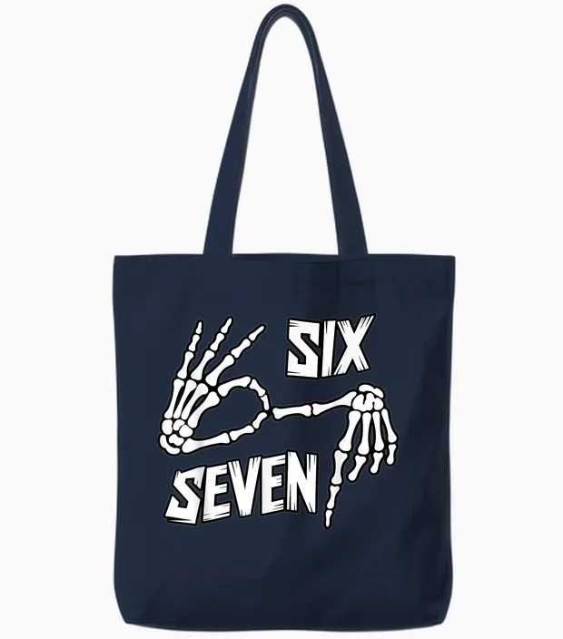 Six Seven 6 7 Meme Skeleton Hands Tote Bags in Navy