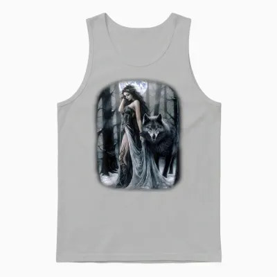 Frau Und Grauer Wolf Im Dunklen Wald Mit Mond Fantasy Unisex Tank Top - Ash