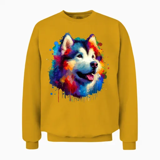 Colorful Splash Art Alaskan Malamute Unisex Sweatshirt in Gold