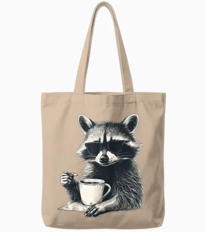 Cool Raccoon with Sunglasses with Cup Coffee Raccoon T-Shirt, White Tote Bags - Natural