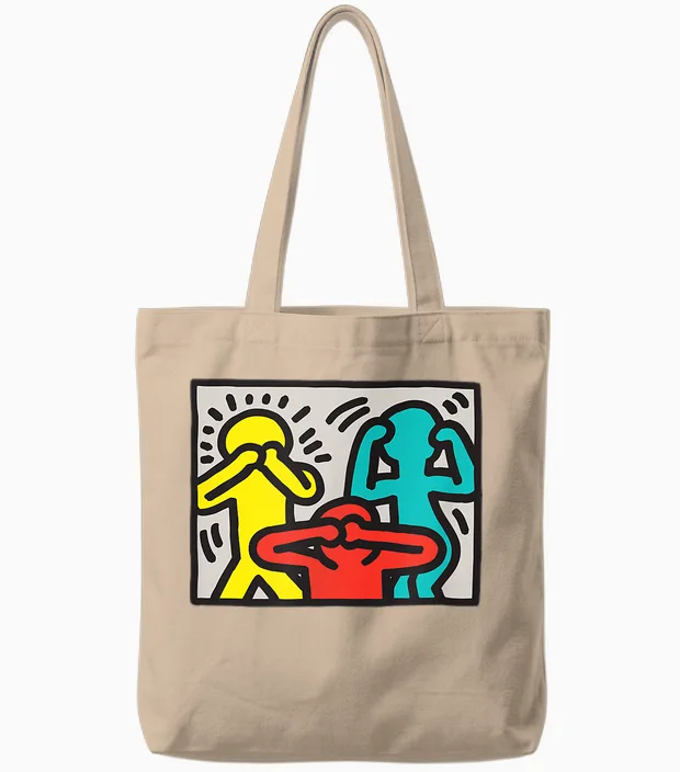 Keith Haring See Hear Speak Nothing Boses Artwork T-Shirt, Blue Tote Bags in Natural