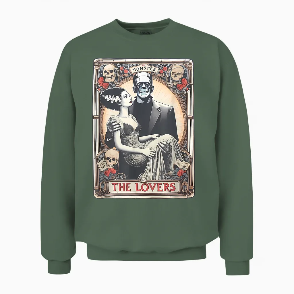 Retro Halloween Frankenstein Tarot Card T-Shirt - Unisex Adults - Black - Small - Short Sleeve - Regular Fit - Cotton 100%, Polyester Blend - Halloween, Retro, Couples, Tarot Card Fans, Unisex Unisex Sweatshirt in Military Green