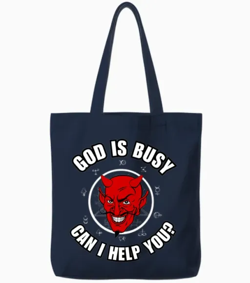 God Is Busy Can I Help - Devil Dark Humour Fun Occult Horror Tote Bags - Navy