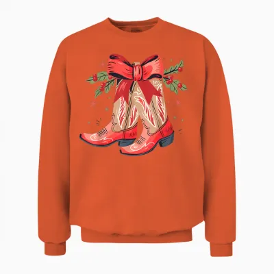 Merry and Bright Cowgirl Boot Christmas Western Cowboy Unisex Sweatshirt - Orange