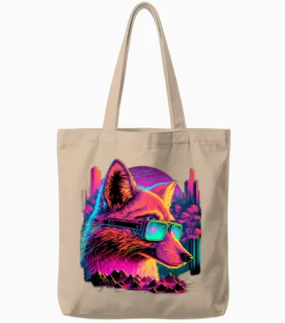 Retro Futuristic Synthwave Fox Tote Bags - Natural