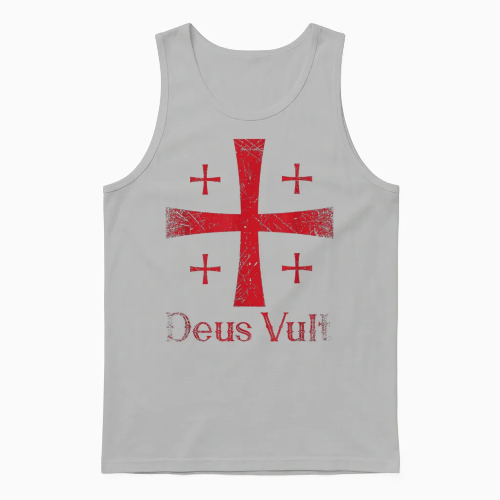 Deus Vult Gottwilles Es Latin Templar T-Shirt, Black Unisex Tank Top in Ash