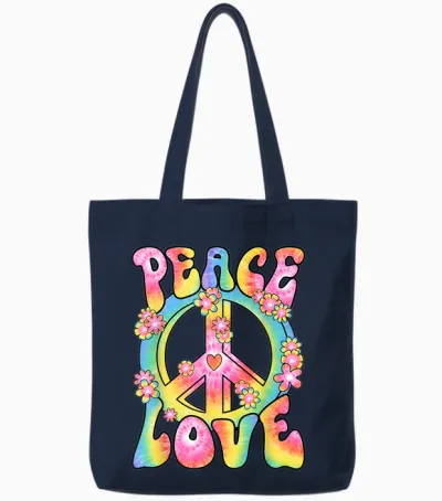 Peace Love Hippie Costume Women's Men's 60s 70s Outfit T-Shirt, Black, S Tote Bags - Navy