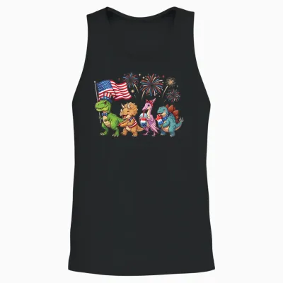 Patriotic Dinosaurs Fireworks T-Rex Triceratops 4th of July Unisex Tank Top - Black