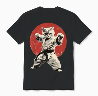 Cat Karate Judo Japan Japanese Flag Funny Graphic Unisex T-Shirt - Black