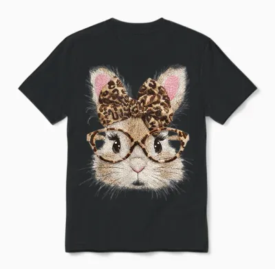 Funny Bunny Face Glasses Bandana Leopard Rabbit Happy Easter Unisex T-Shirt - Black