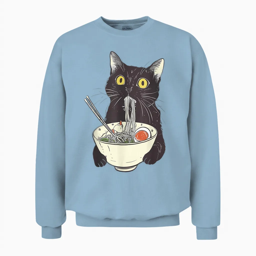 Cat Ramen Noodle Japanese Anime Manga Kawaii Cat T-Shirt, White Unisex Sweatshirt in Light Blue