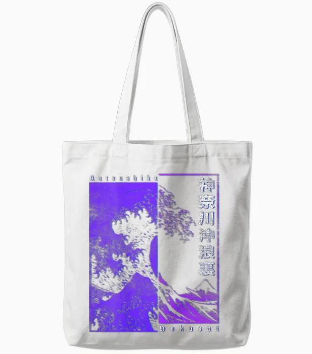 Men's Japanese Wave Japan Style the Great Wave Before Kanagawa T-Shirt, Black Tote Bags in White