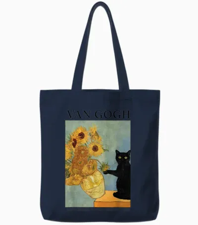 Van Gogh Black Cat with Sunflowers Funny Cat Tote Bags - Navy