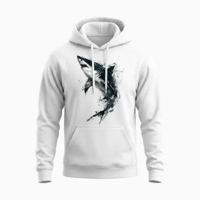 Shark Painting Art Abstract Animal Drawing Graphic Shark T-Shirt, White Unisex Hoodie - White