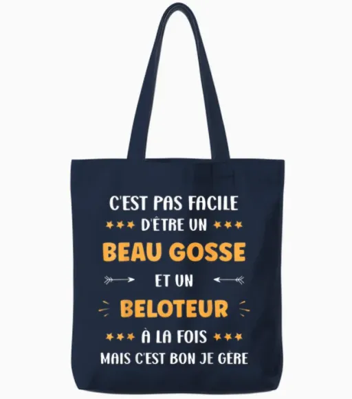 Belote Super Beloteur Humour Beau Gosse Beloteur T-Shirt, Black, S Tote Bags - Navy