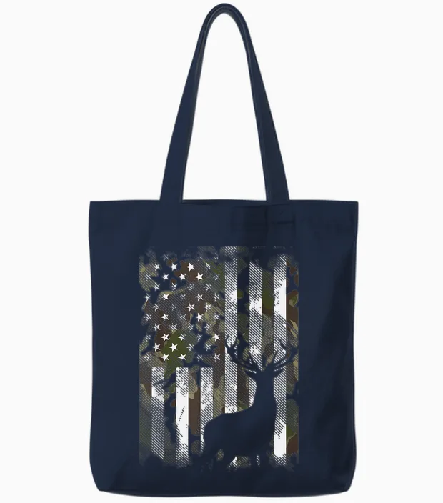Camo Us Flag Deer Elk Buck Camoflage Hunting Hunter Dad Gift Short Sleeve Tote Bags in Navy