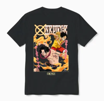 One Piece Anime Ace and Luffy Team Up Kanji Unisex T-Shirt - Black
