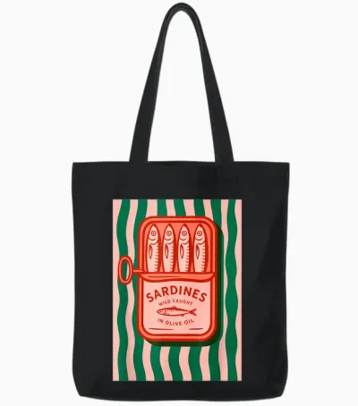 Retro Graphic Summer Fish Tin Sardines for Men Women Tote Bags - Black